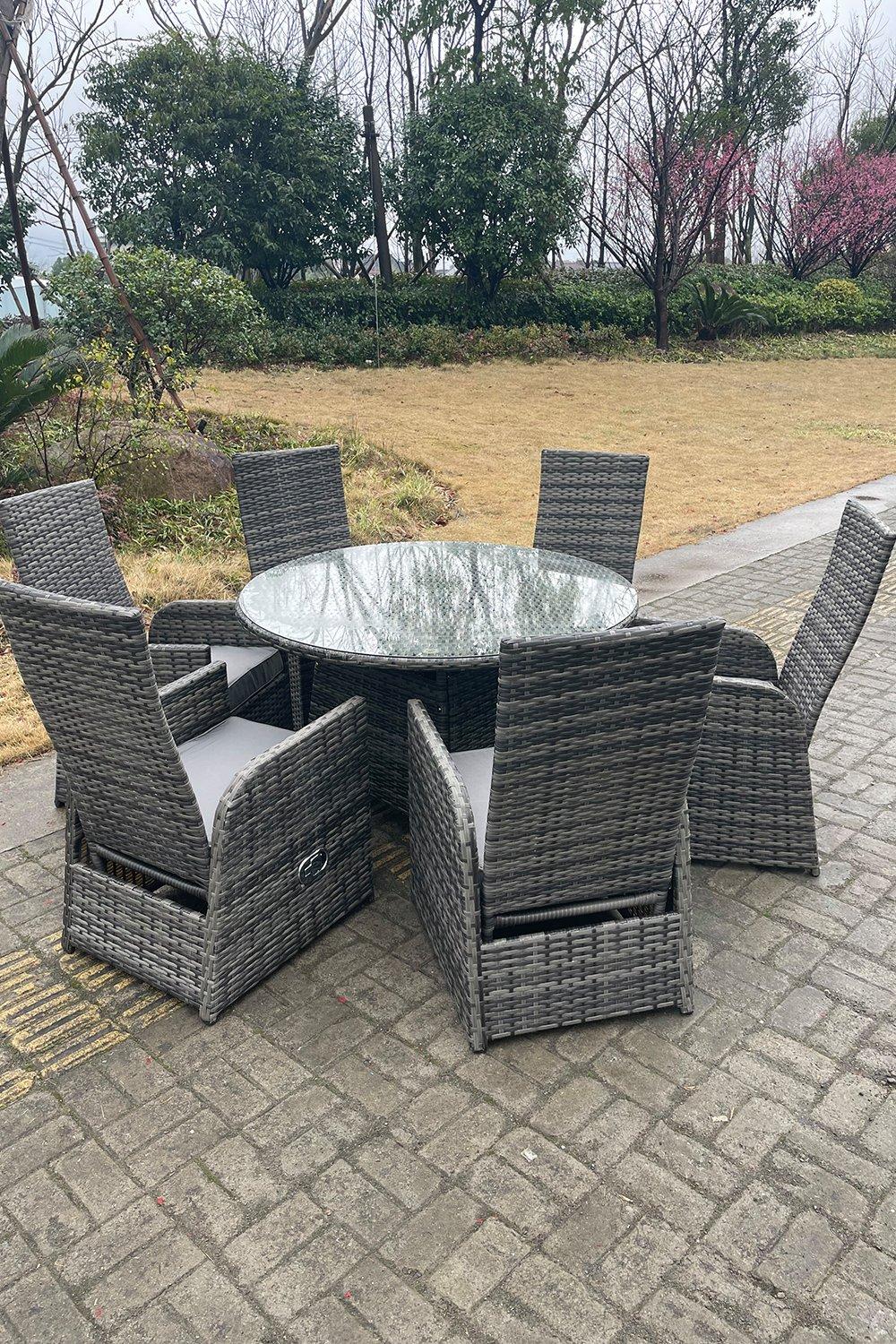 Fimous Outdoor Rattan Dining Sets Adjustable Chair Dining Table And Chair Sets 6 Seater Round Table|dark grey